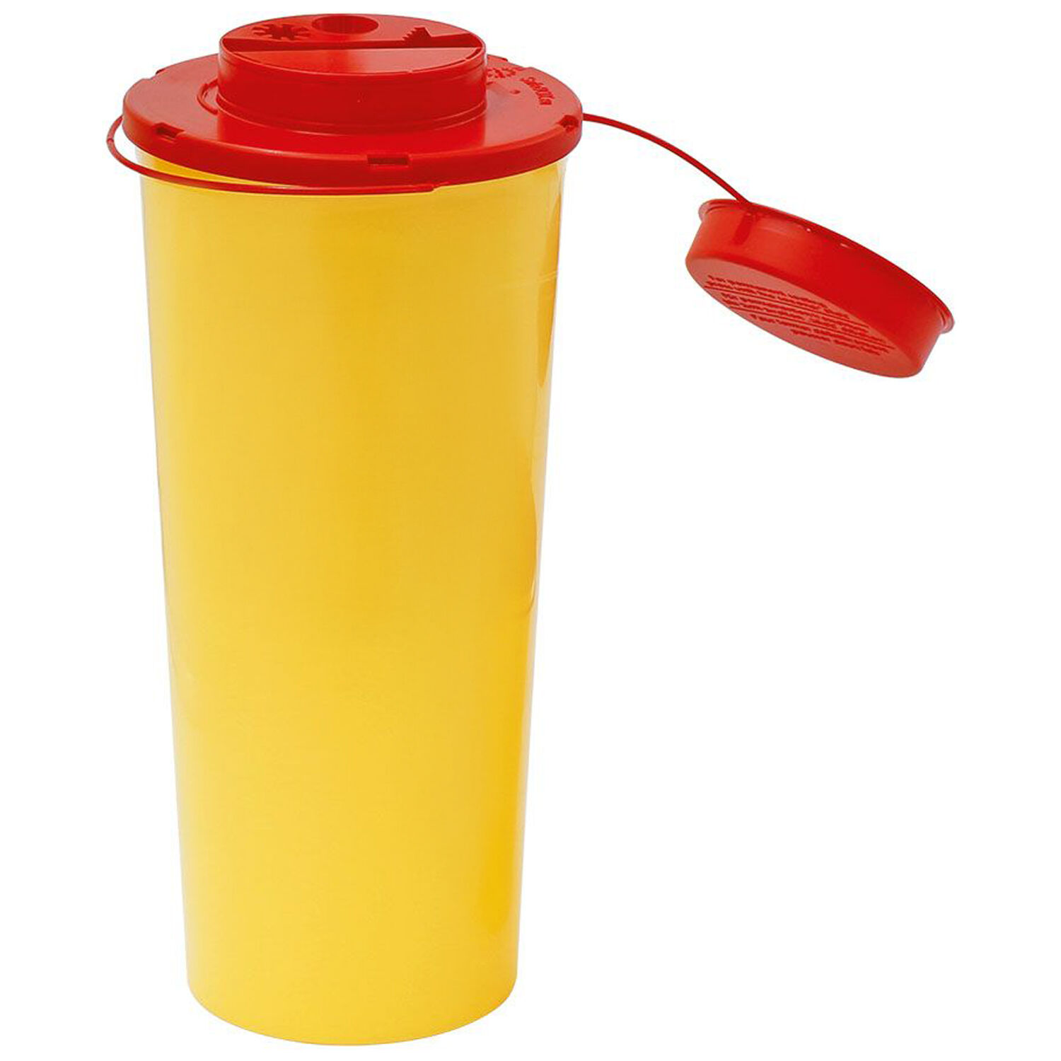 Contenitore giallo Safe-Box con coperchio rosso Contenitore cilindrico giallo Safe-Box con coperchio rosso rimovibile su sfondo bianco