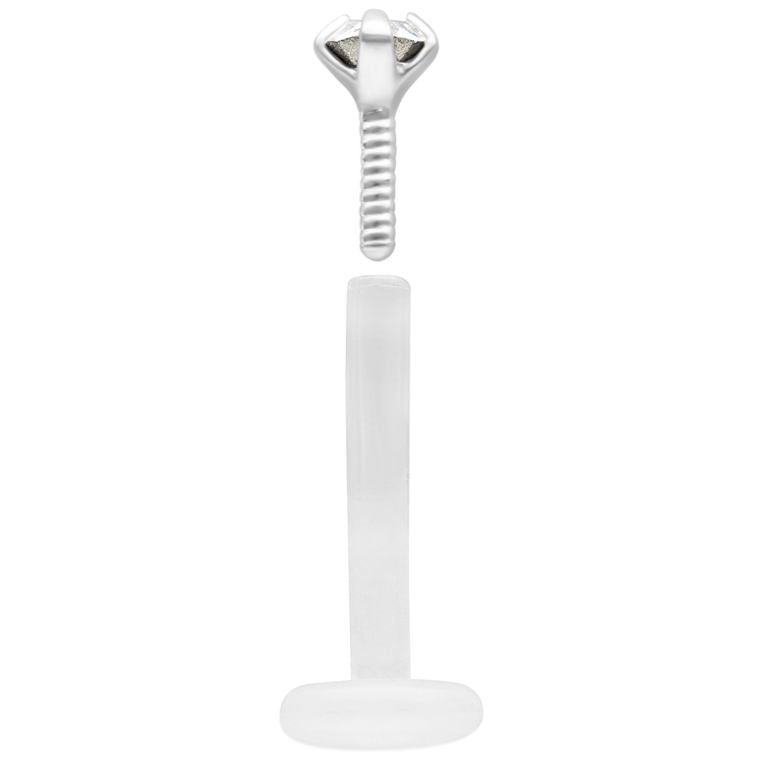 Labret in argento con pietra cristallina e asta in Bioplast su sfondo bianco