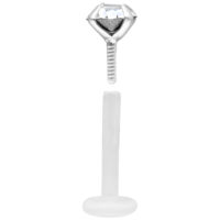 Labret Push-Fit in argento con cristallo chiaro e asta in bioplastica su sfondo bianco