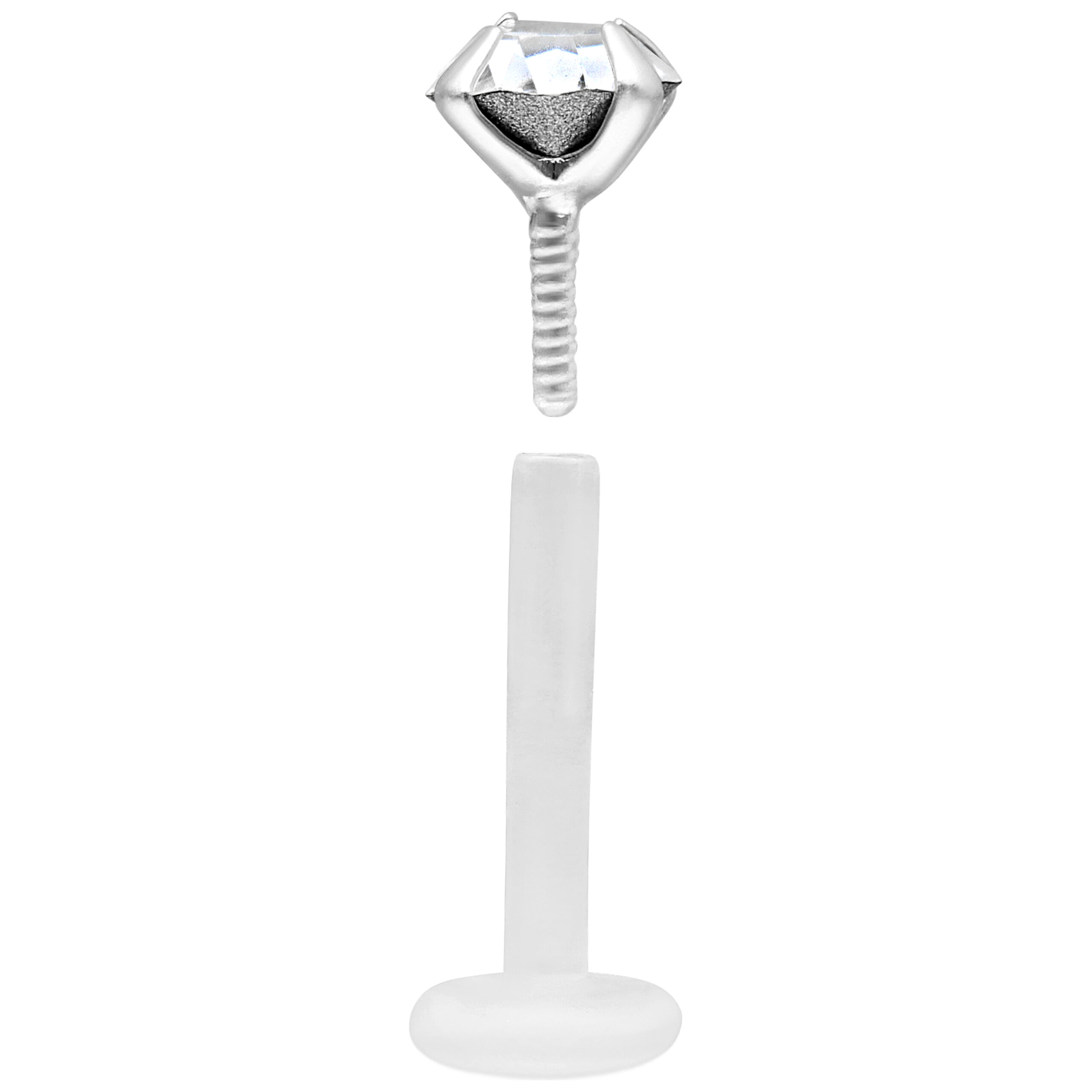 Labret Push-Fit in argento con cristallo chiaro e asta in bioplastica su sfondo bianco