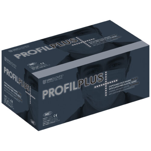 Scatola con mascherine chirurgiche Unigloves Profil Plus nere su sfondo grigio