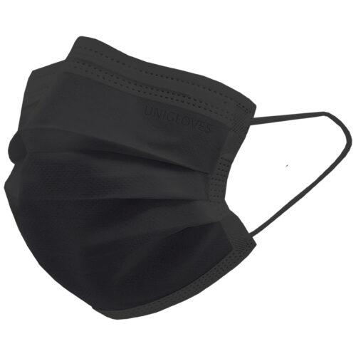 Mascherina chirurgica nera Unigloves in pile su sfondo neutro