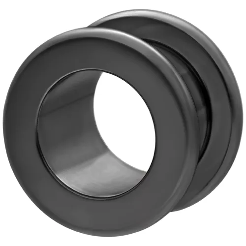 Flesh Tunnel nero in titanio, filettatura esterna, su sfondo bianco