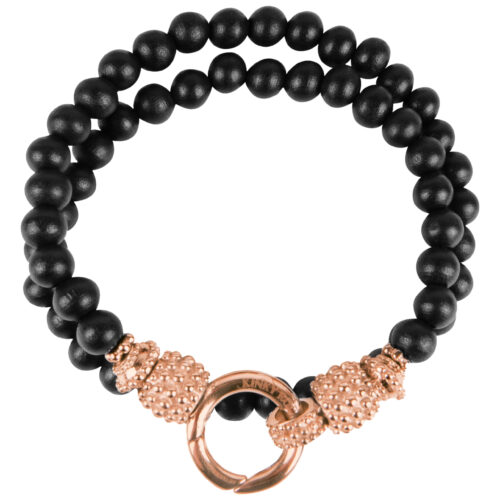 Bracciale nero in perle di legno, chiusura in oro rosa, 190 mm