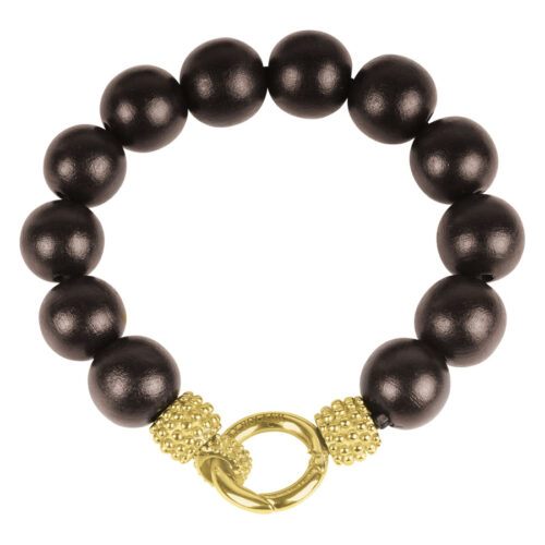 Bracciale con perle di ebano nero e dettagli dorati su sfondo bianco