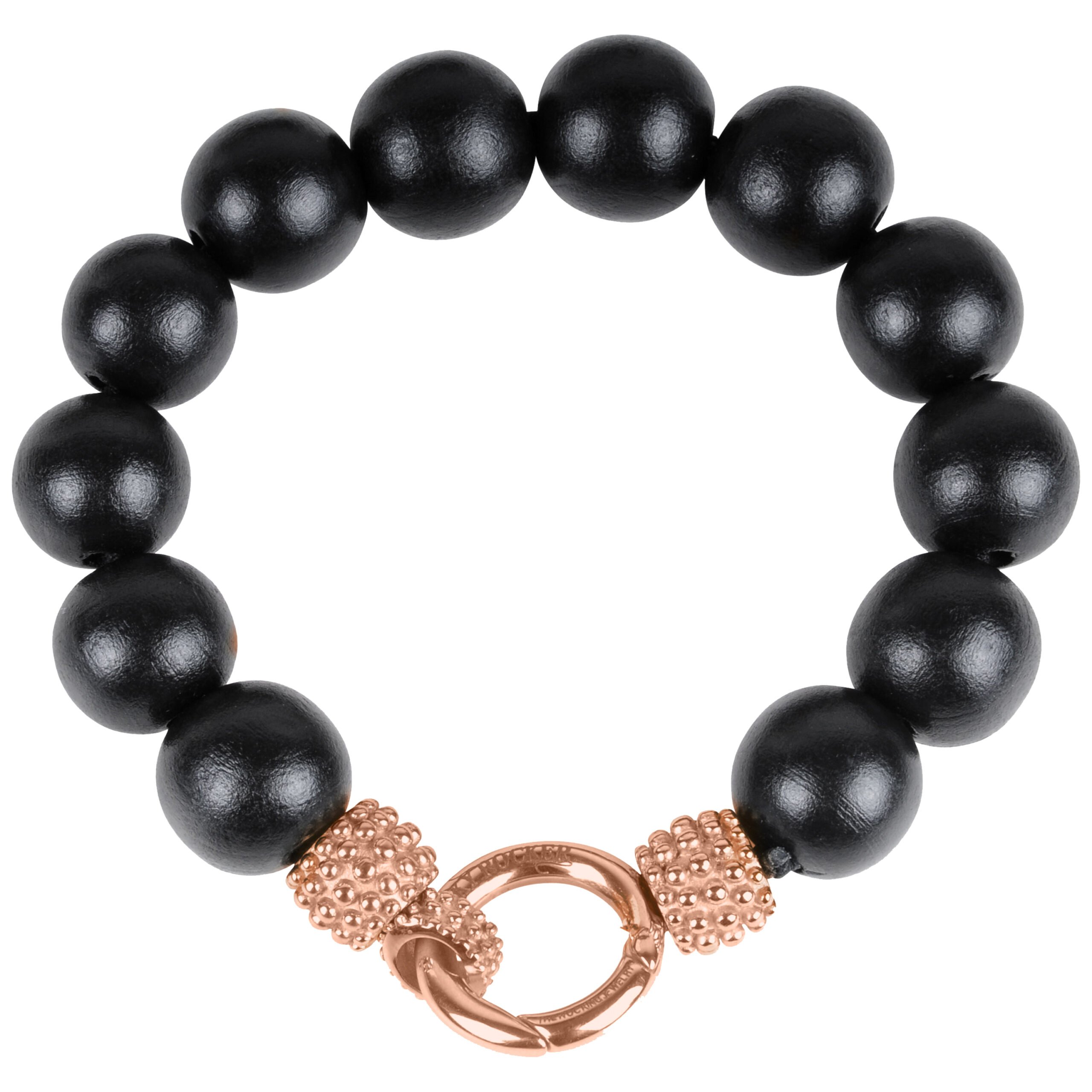 Braccialetto nero con grandi perle di legno e chiusura in acciaio rosé su sfondo bianco
