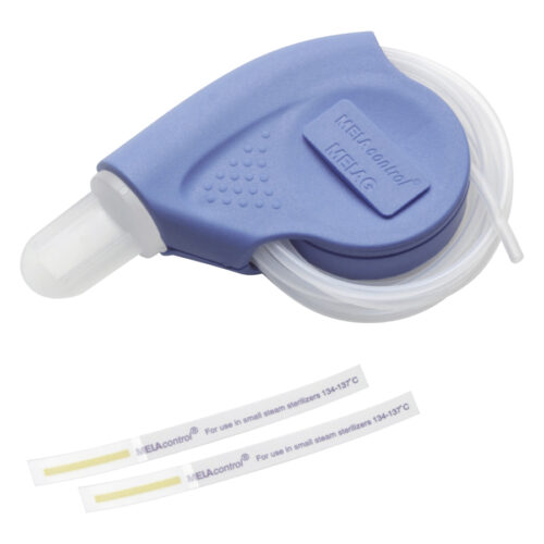 Set MELAcontrol blu con tubo e strisce indicatrici su sfondo bianco