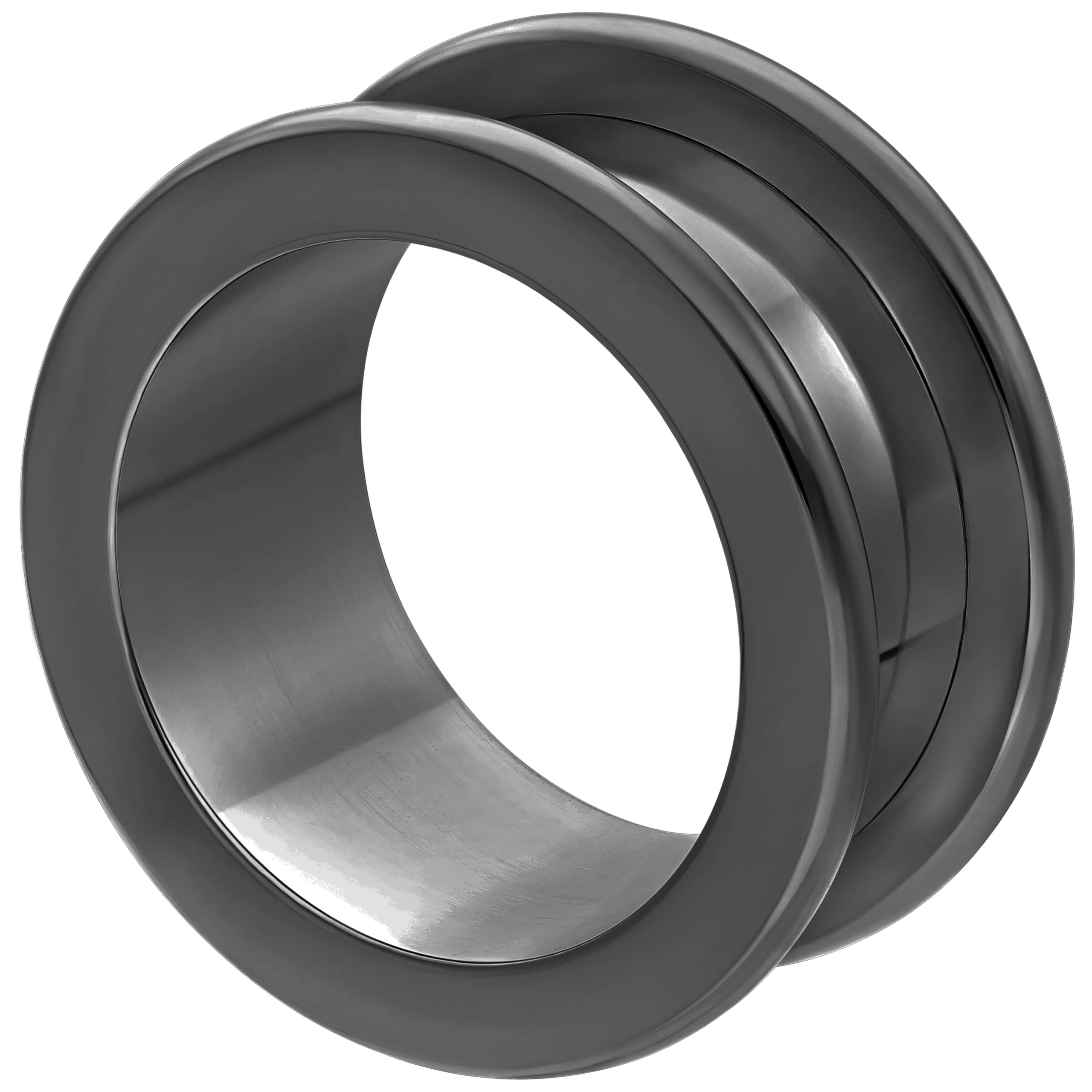 Flesh Tunnel nero in acciaio chirurgico 316L su sfondo bianco