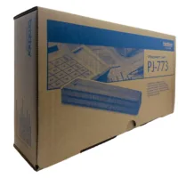 Stampante termica A4 wireless in confezione Confezione marrone con immagine di stampante termica A4 e grafica blu