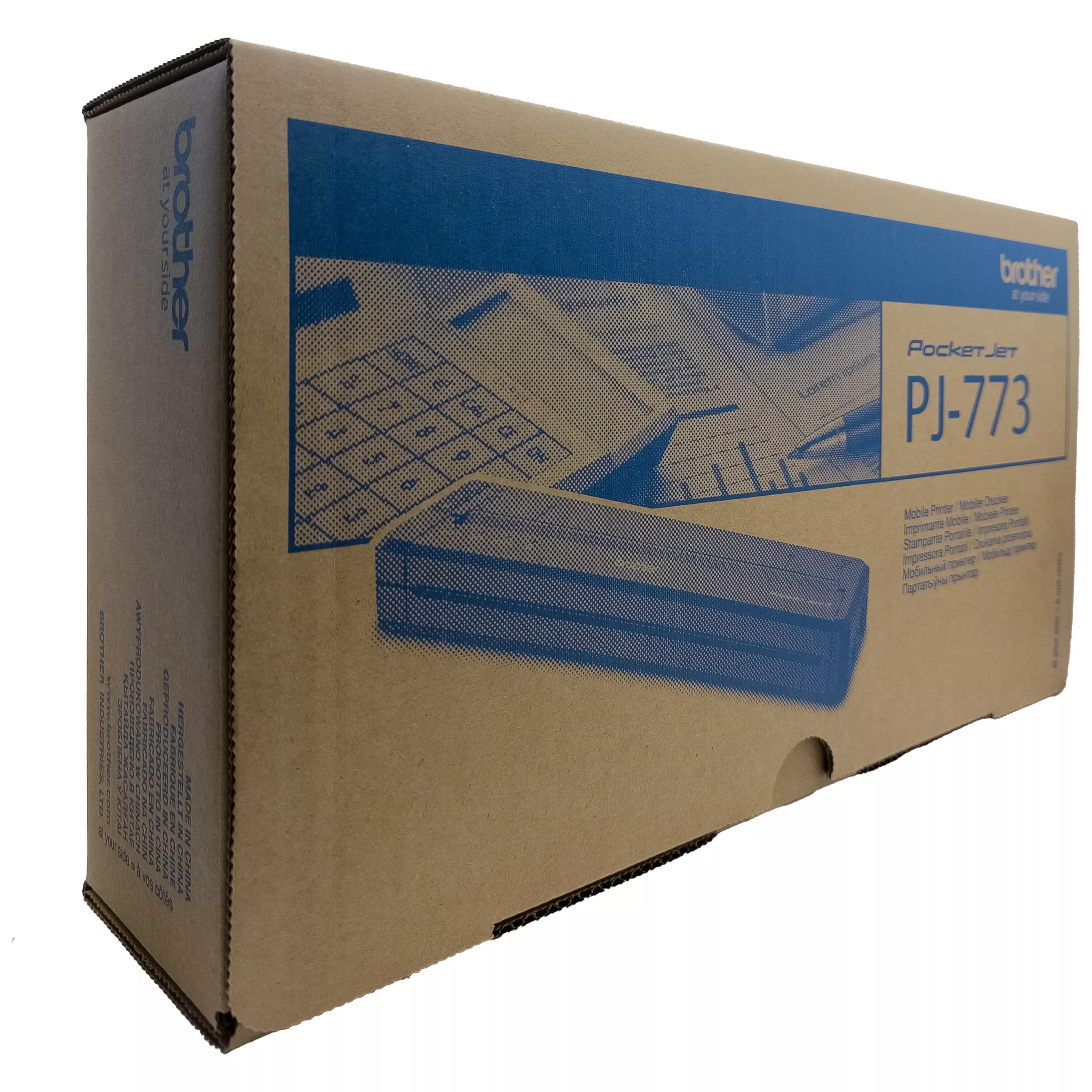 Stampante termica A4 wireless in confezione Confezione marrone con immagine di stampante termica A4 e grafica blu
