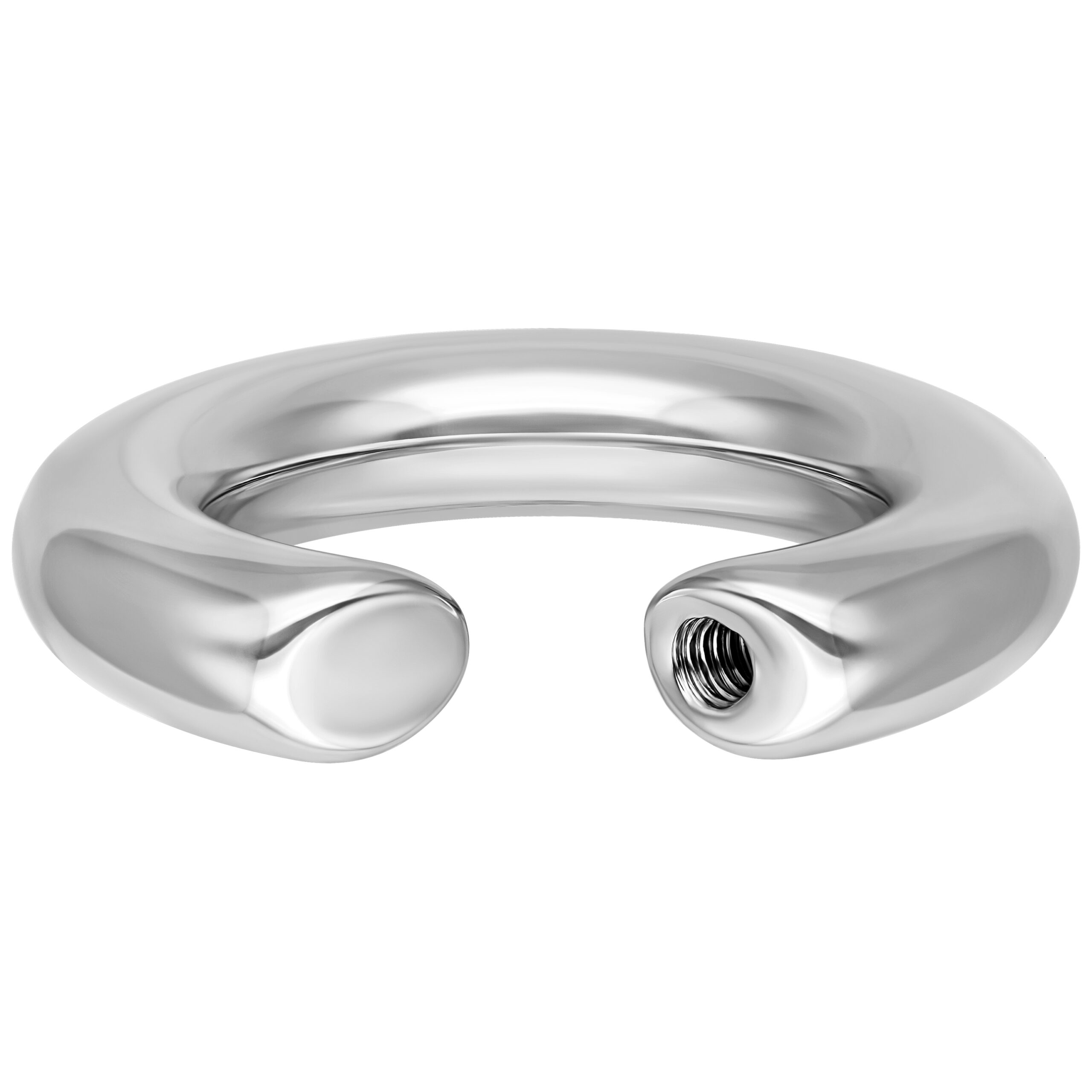 Anello piercing in acciaio chirurgico argento su sfondo bianco con filettatura interna