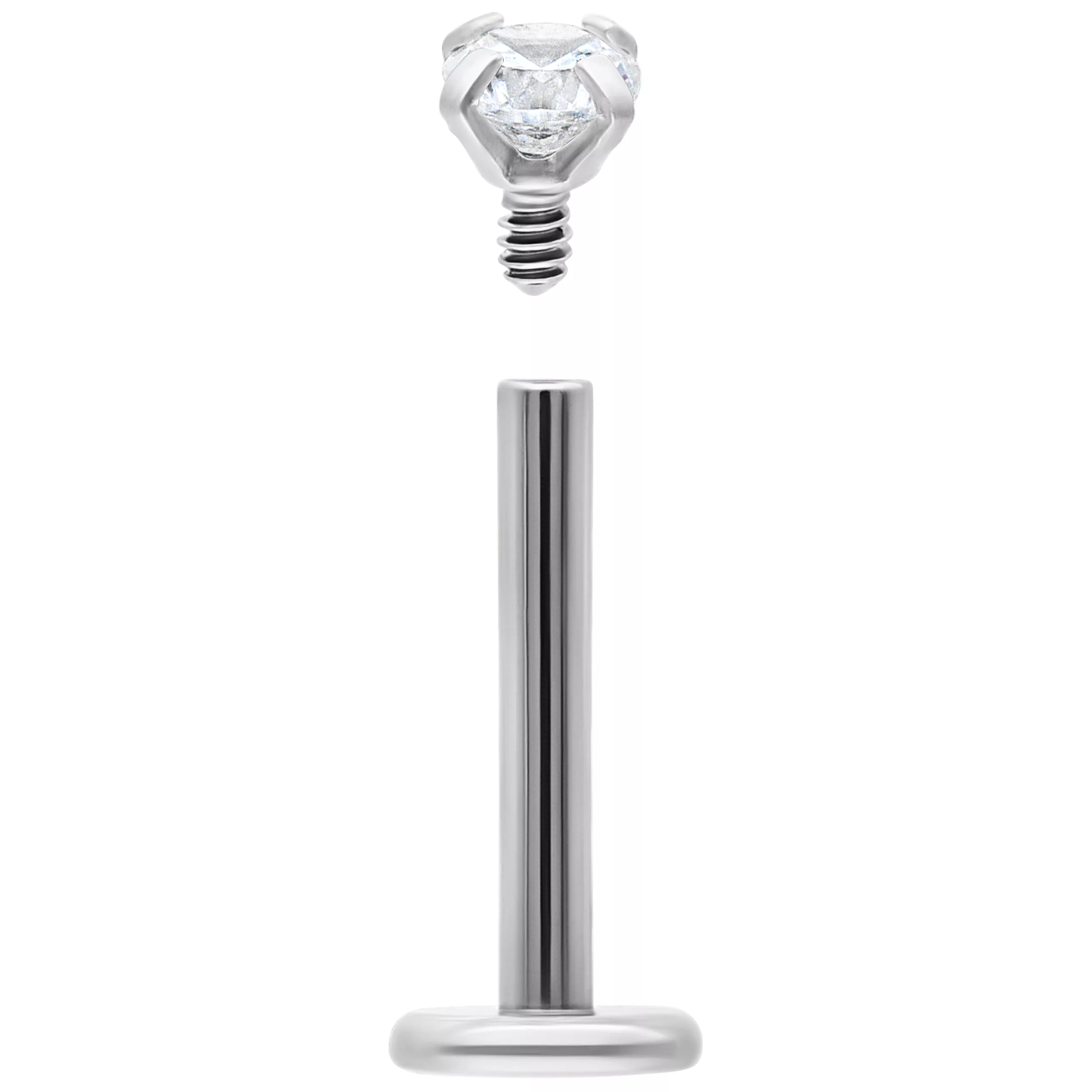 Labret d'argento in acciaio chirurgico 316L con cristallo chiaro su sfondo bianco