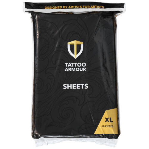 Confezione nera con dettagli dorati e bianchi, logo Tattoo Armour e dimensione XL