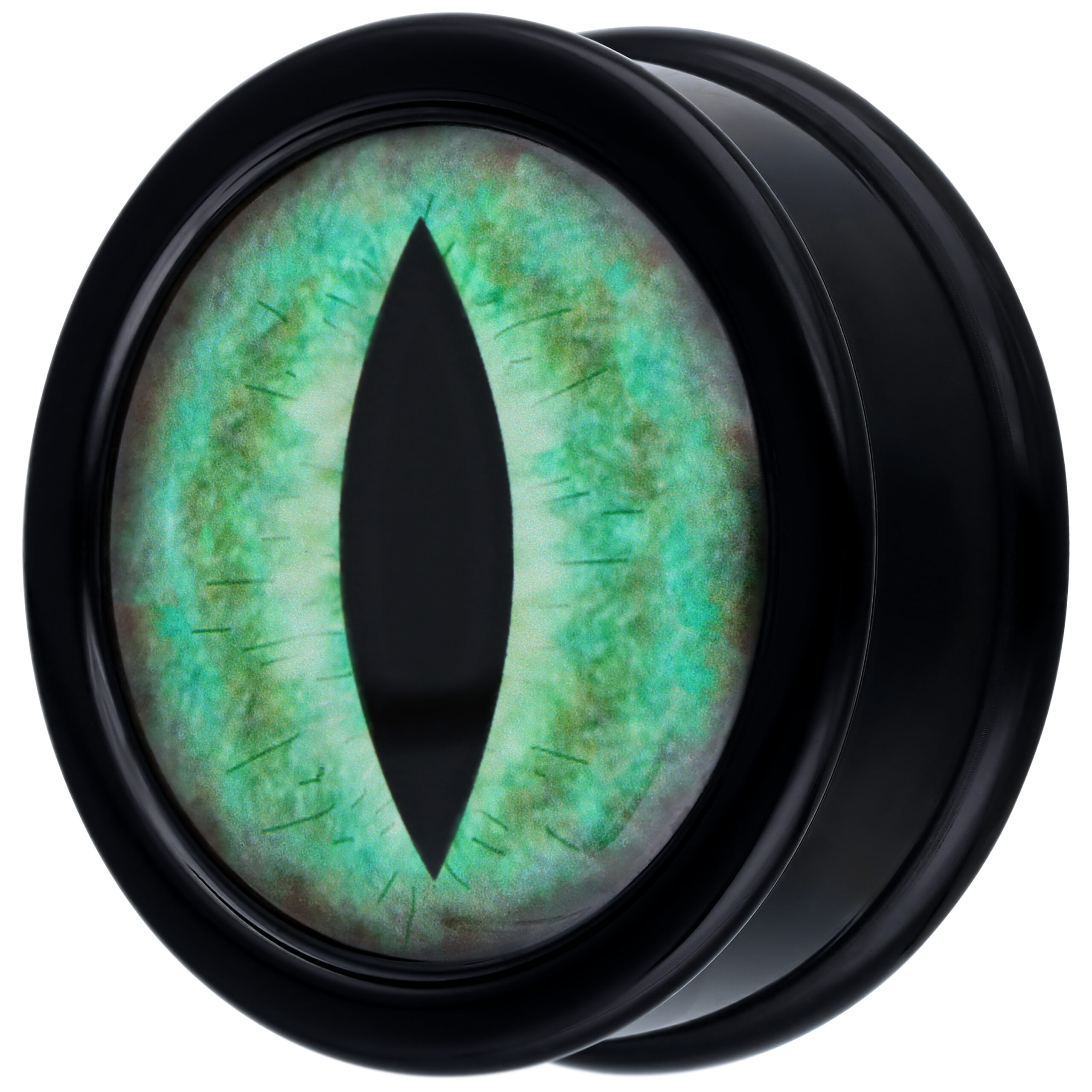 Plug in PMMA nero con design di occhio di gatto verde su sfondo bianco
