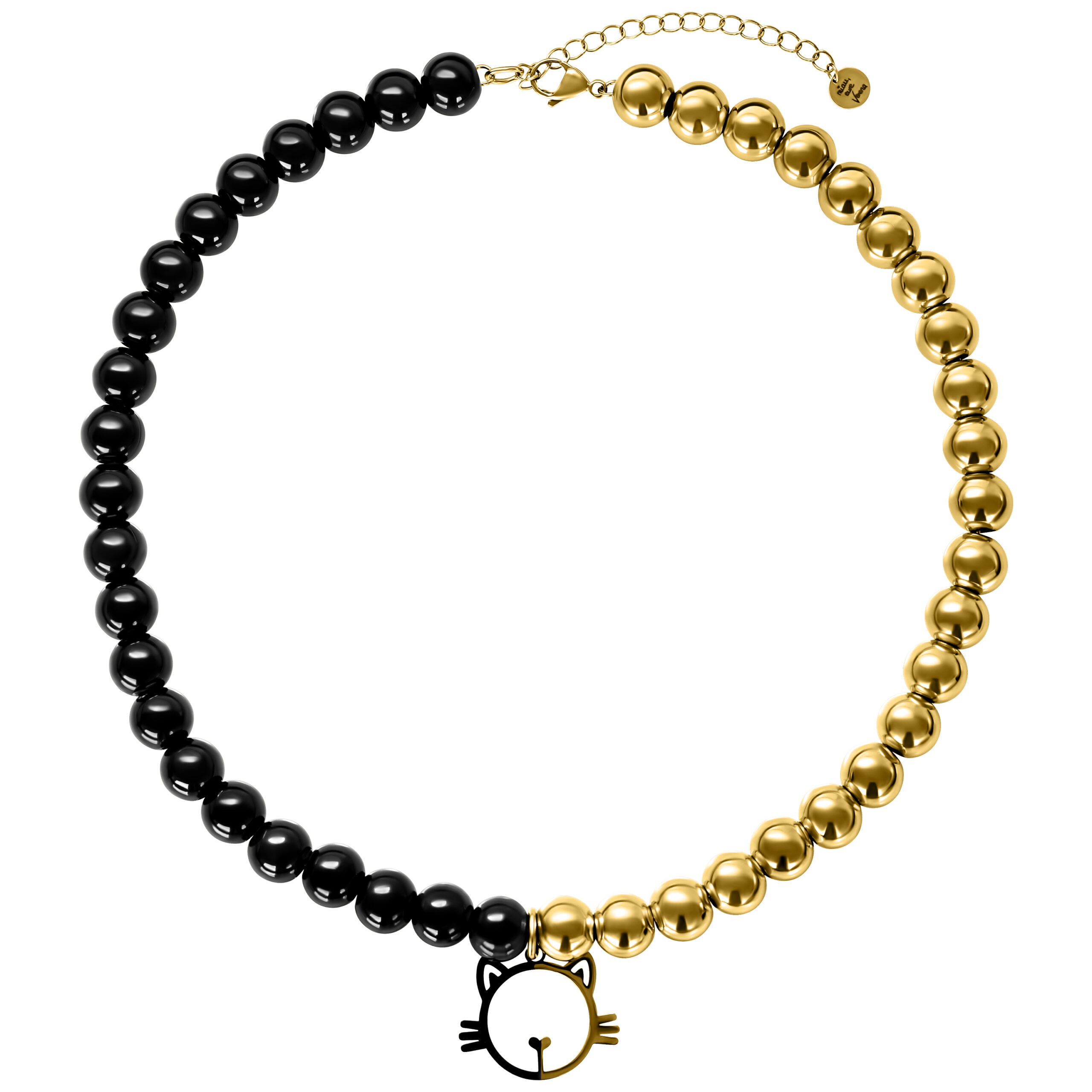 Verena Venus Collana - Perle Dorate Gatto Collana con perle nere e dorate e ciondolo a forma di gatto su sfondo bianco