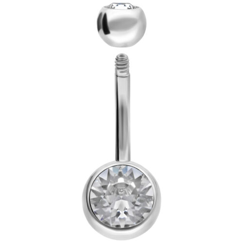 Piercing Bananabell in argento con due cristalli chiari su sfondo bianco