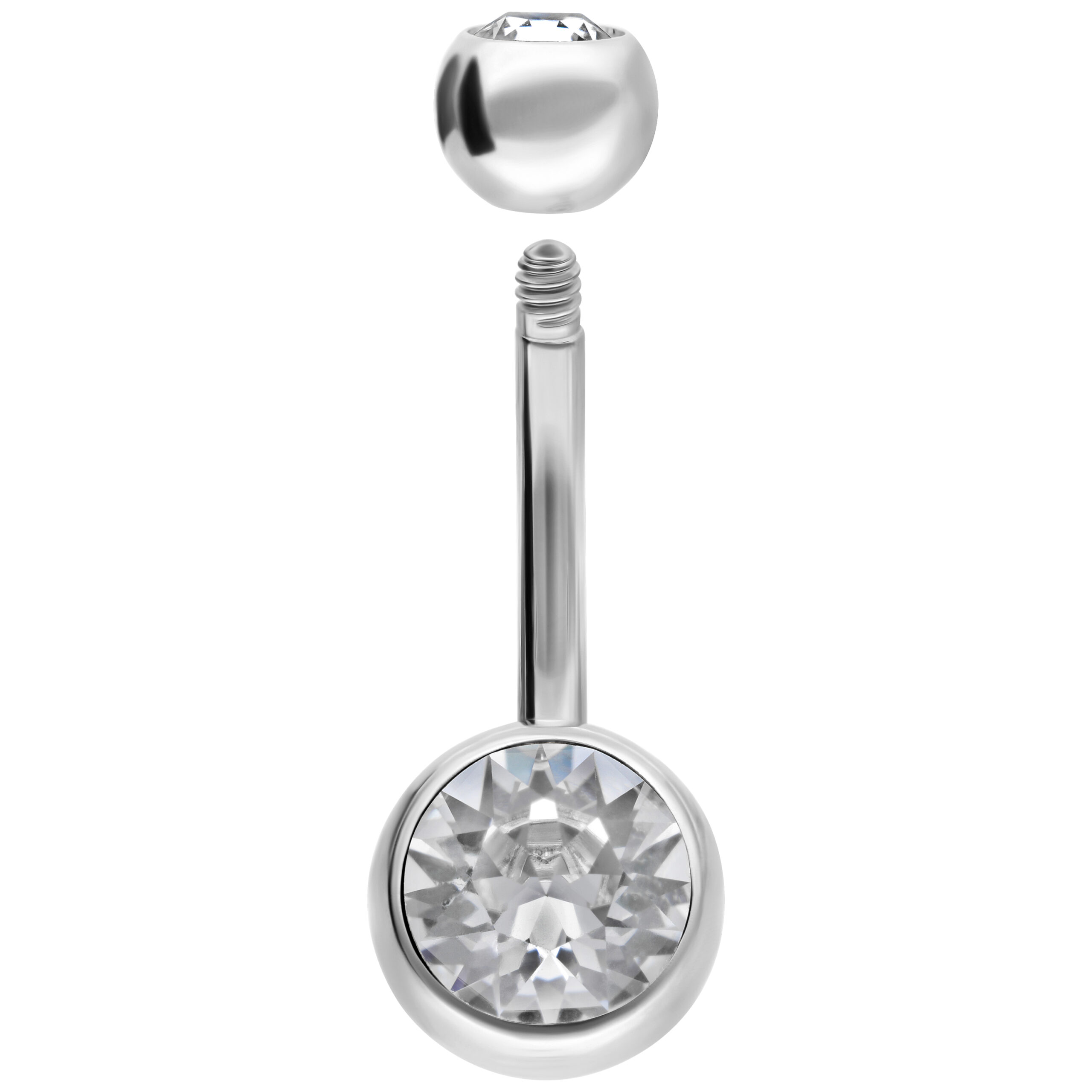 Piercing Bananabell in argento con due cristalli chiari su sfondo bianco