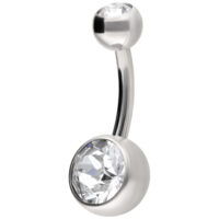 Piercing all'ombelico in titanio lucente con due cristalli chiari