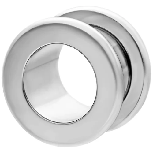 Flesh Tunnel in titanio argento con filettatura esterna su sfondo bianco
