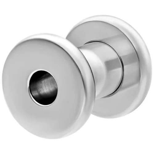 Tunnel in titanio argento con filettatura esterna su sfondo bianco