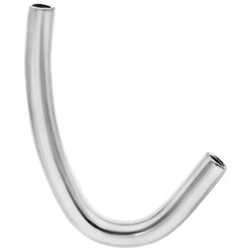 Curva J in titanio argento con filettatura interna su sfondo bianco