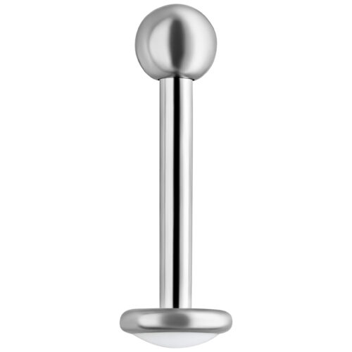 Labret in titanio argento con sfera su sfondo bianco, filettatura esterna