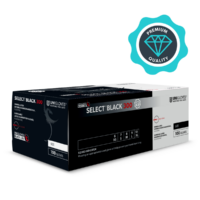 Scatola nera con guanti monouso Unigloves Select Black 300 su sfondo bianco