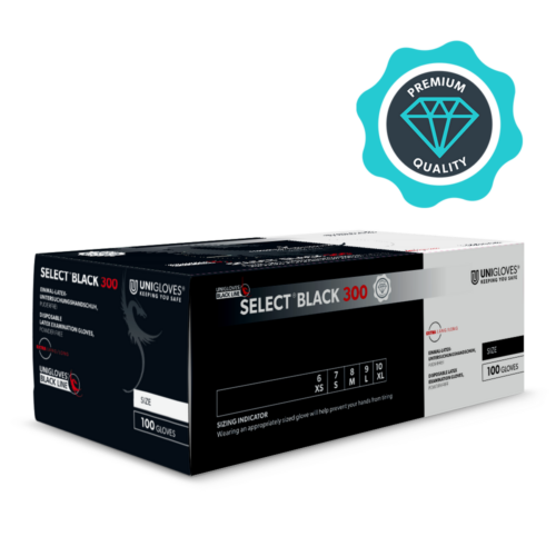 Scatola nera con guanti monouso Unigloves Select Black 300 su sfondo bianco