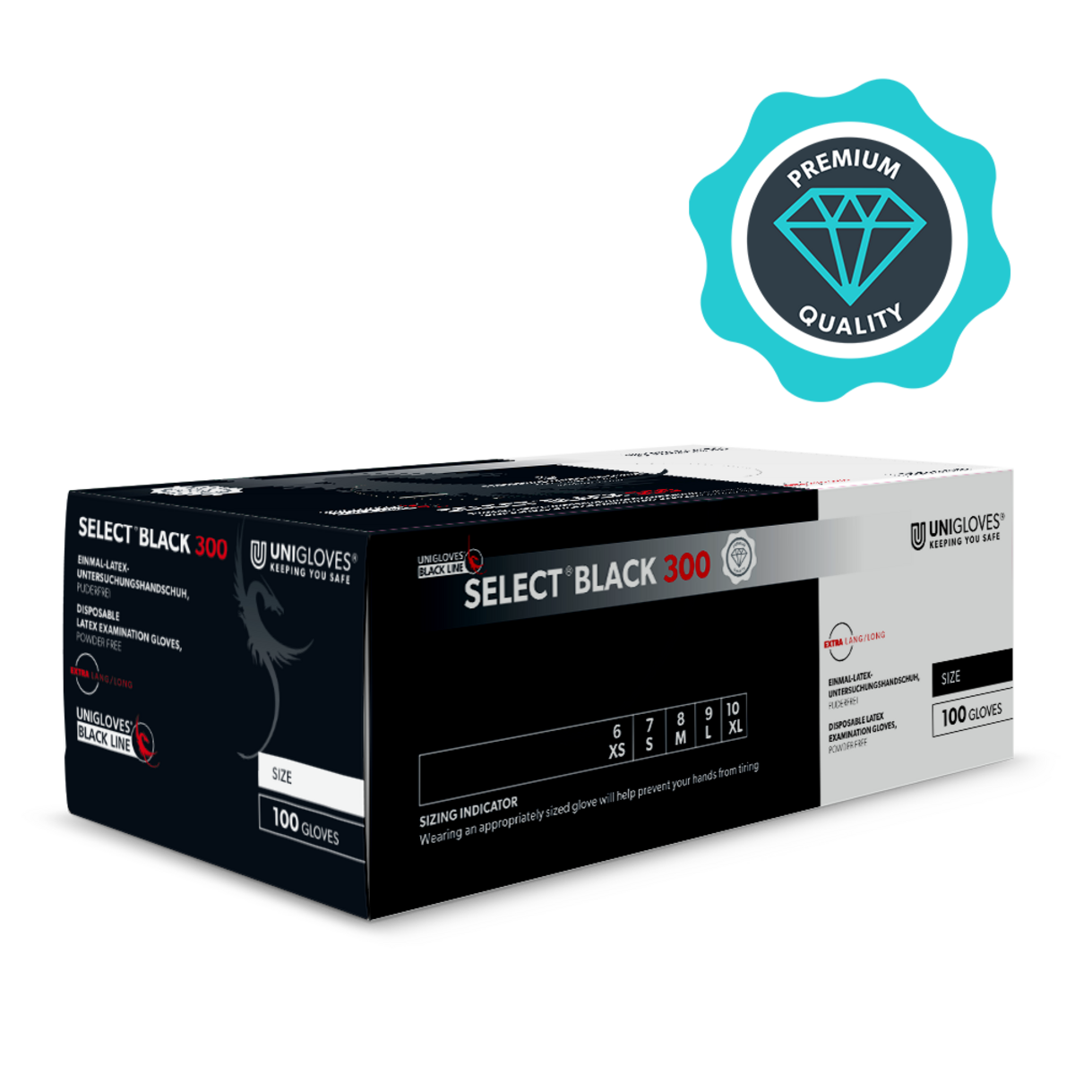 Scatola nera con guanti monouso Unigloves Select Black 300 su sfondo bianco