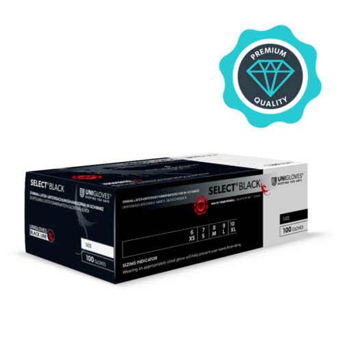 Scatola di guanti Unigloves Select neri su sfondo bianco