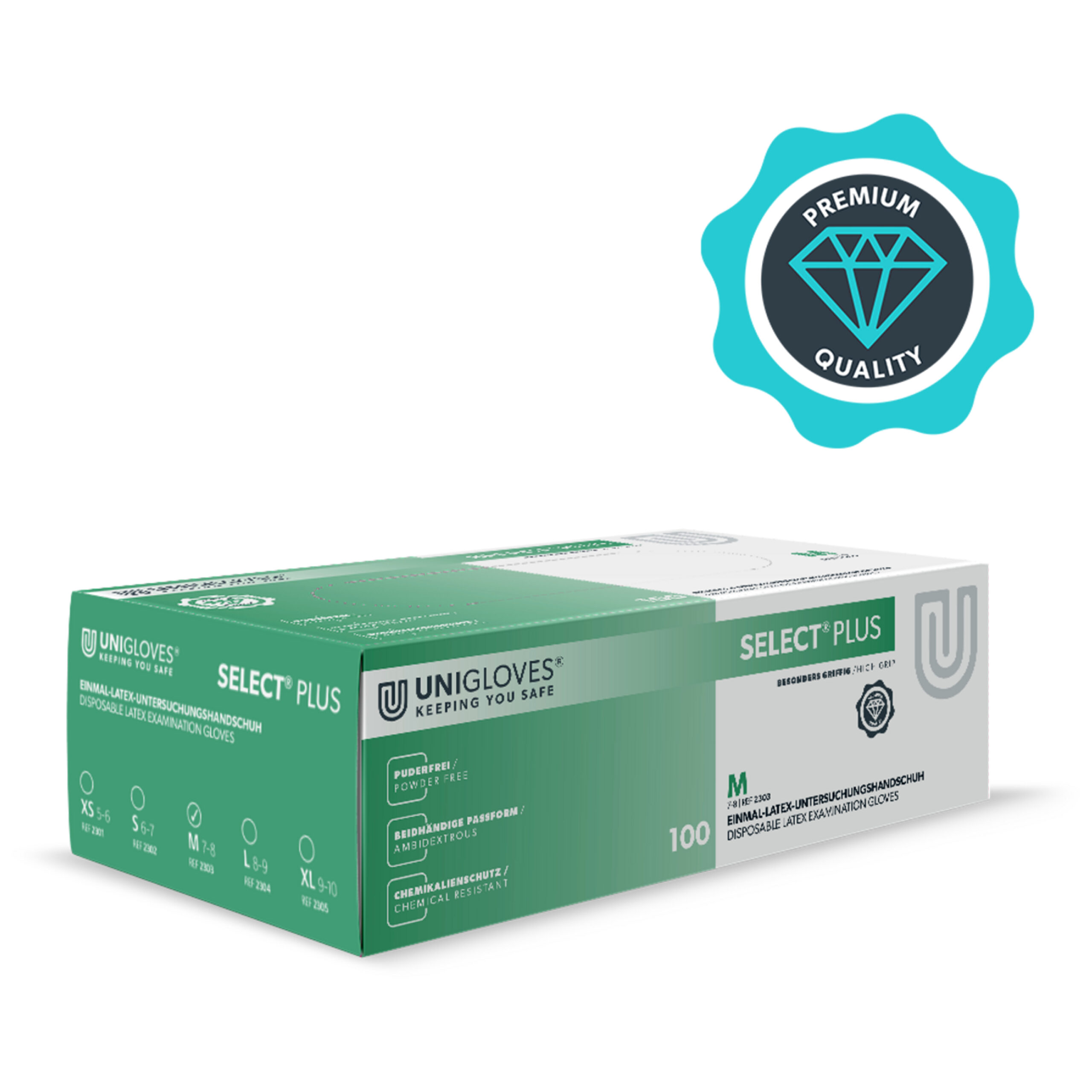 Confezione dei guanti Unigloves Select Plus bianchi taglia M su sfondo bianco