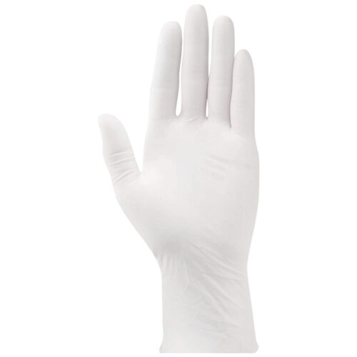 Guanto monouso bianco della collezione Unigloves su sfondo bianco