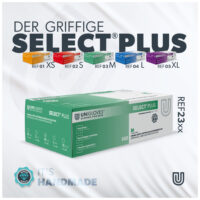 Guanti Unigloves Select Plus in scatola bianca, taglia M, sfondo studio