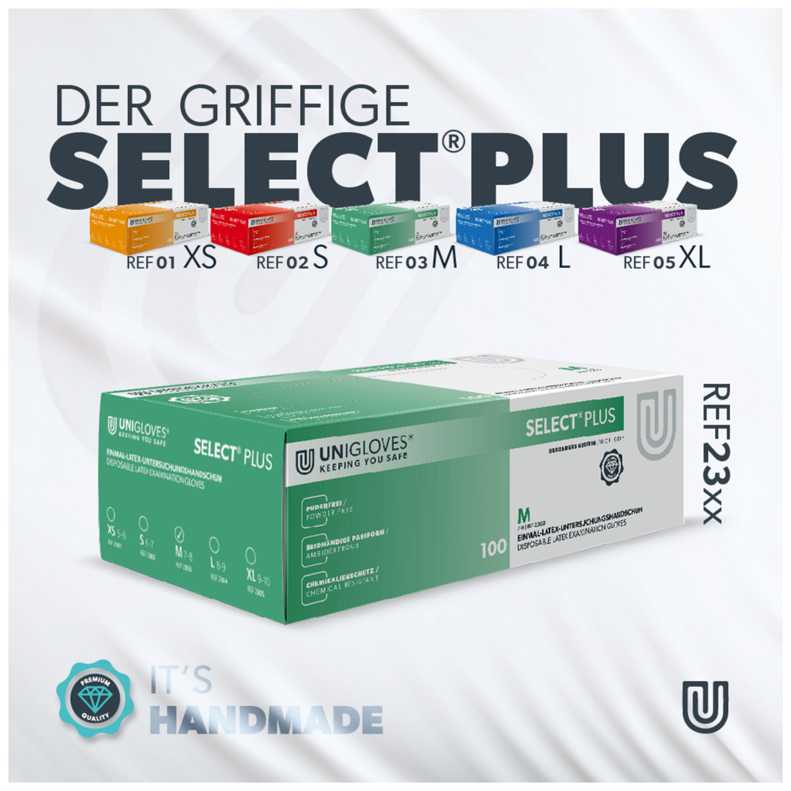 Guanti Unigloves Select Plus in scatola bianca, taglia M, sfondo studio