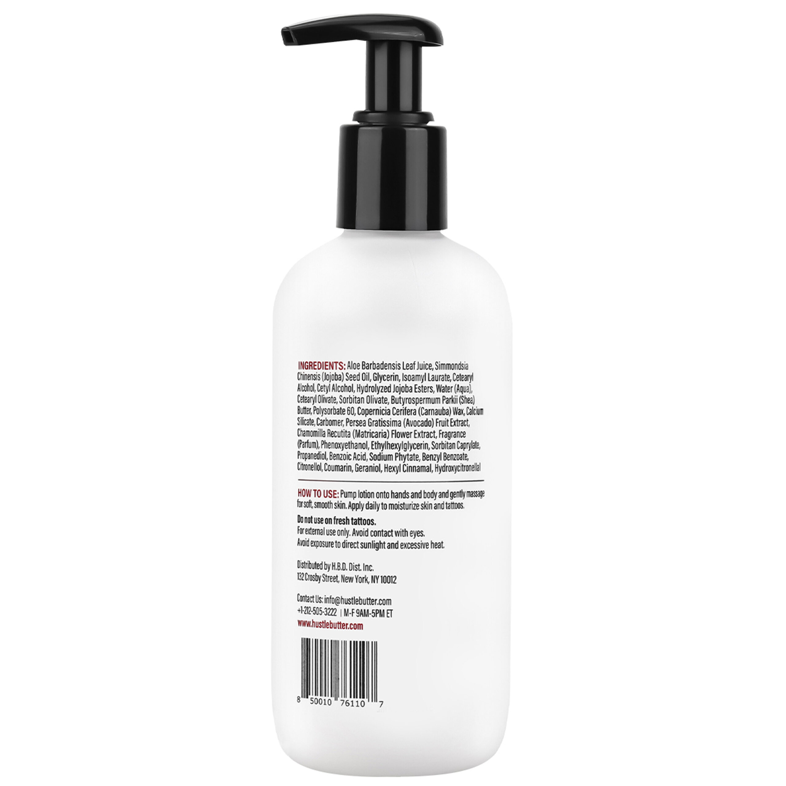 Bottiglia bianca di Hustle Butter Lotion con erogatore nero su sfondo bianco