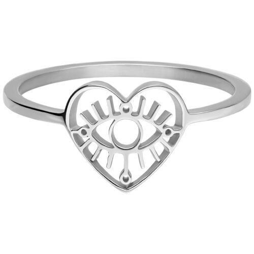 Anello argento a forma di cuore con motivo occhio su sfondo bianco