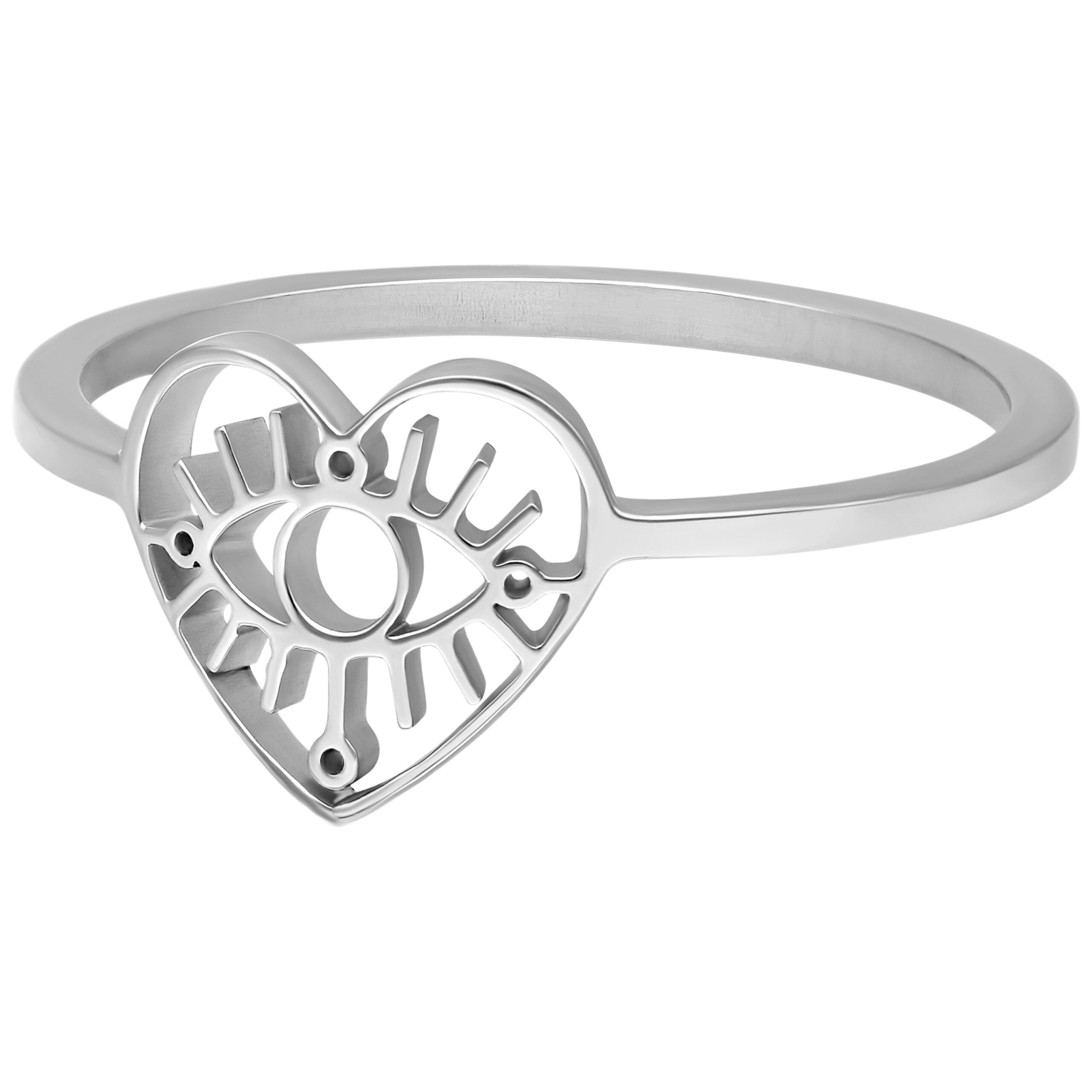 Anello Eye d'Argento a forma di cuore in acciaio chirurgico 316L su sfondo bianco