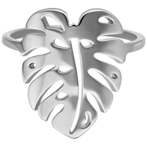 Anello argentato lucido a forma di foglia di Monstera su sfondo bianco