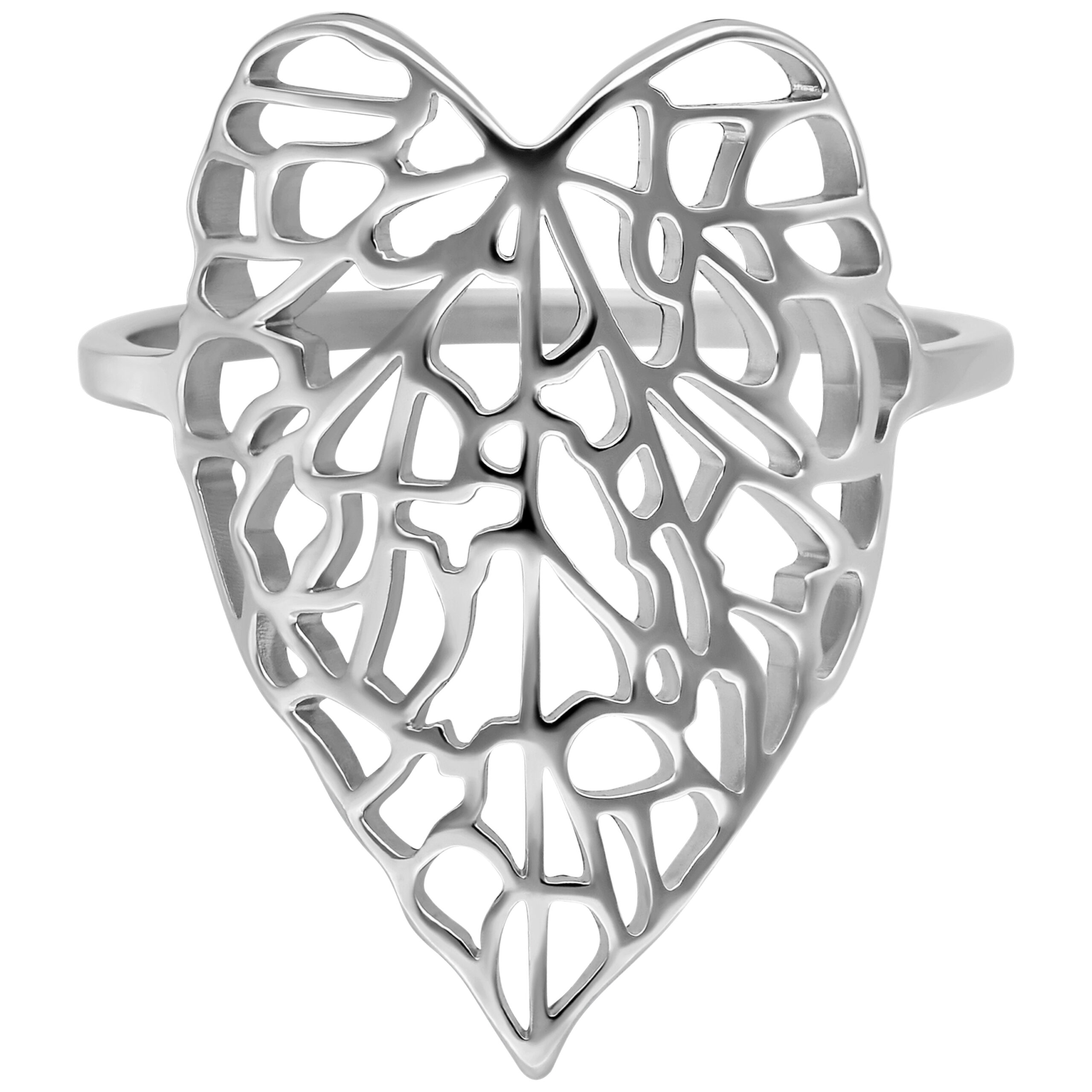 Anello in argento a forma di foglia delicata su sfondo bianco