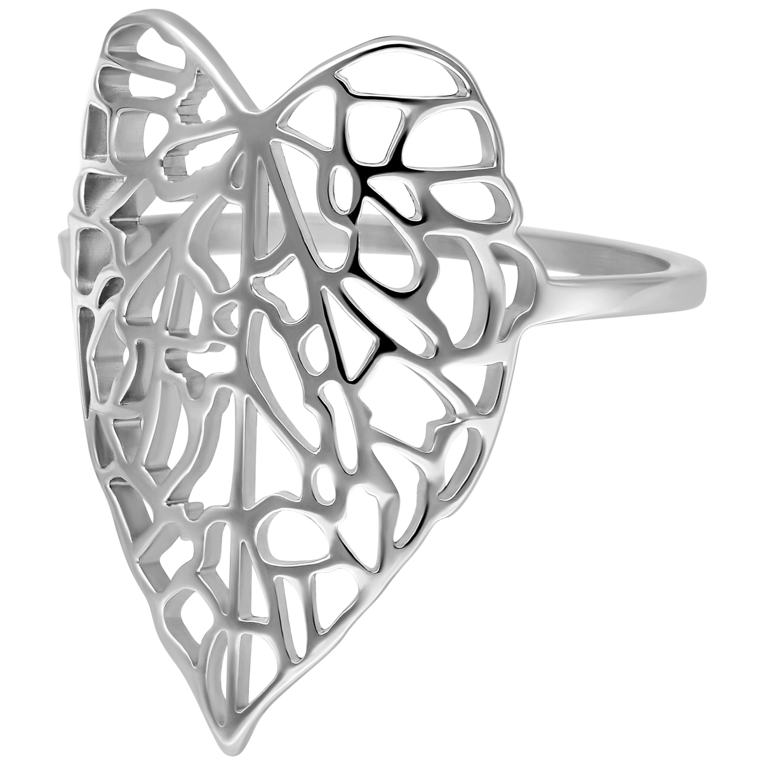 Anello in argento a forma di foglia, misura 17,0 mm, su sfondo bianco