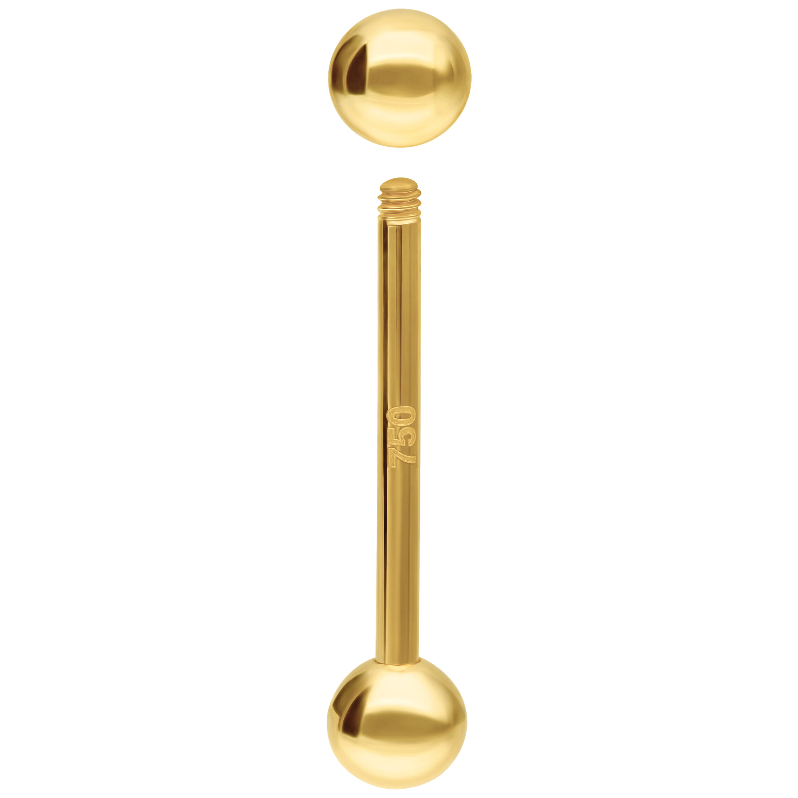 Barbell dorata 18K con 14,0 mm di lunghezza e filettatura esterna su sfondo bianco
