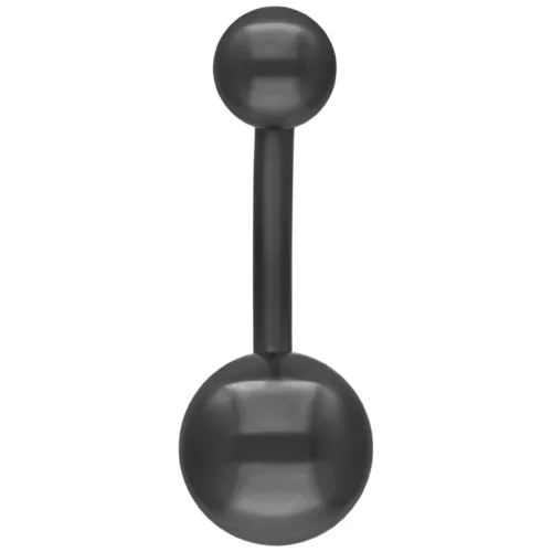 Piercing ombelico nero in acciaio chirurgico con due sfere su sfondo bianco