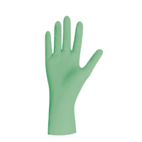 Guanto monouso verde chiaro in nitrile taglia L su sfondo bianco