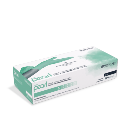 Confezione di guanti in nitrile verde chiaro taglia L di Unigloves su sfondo bianco