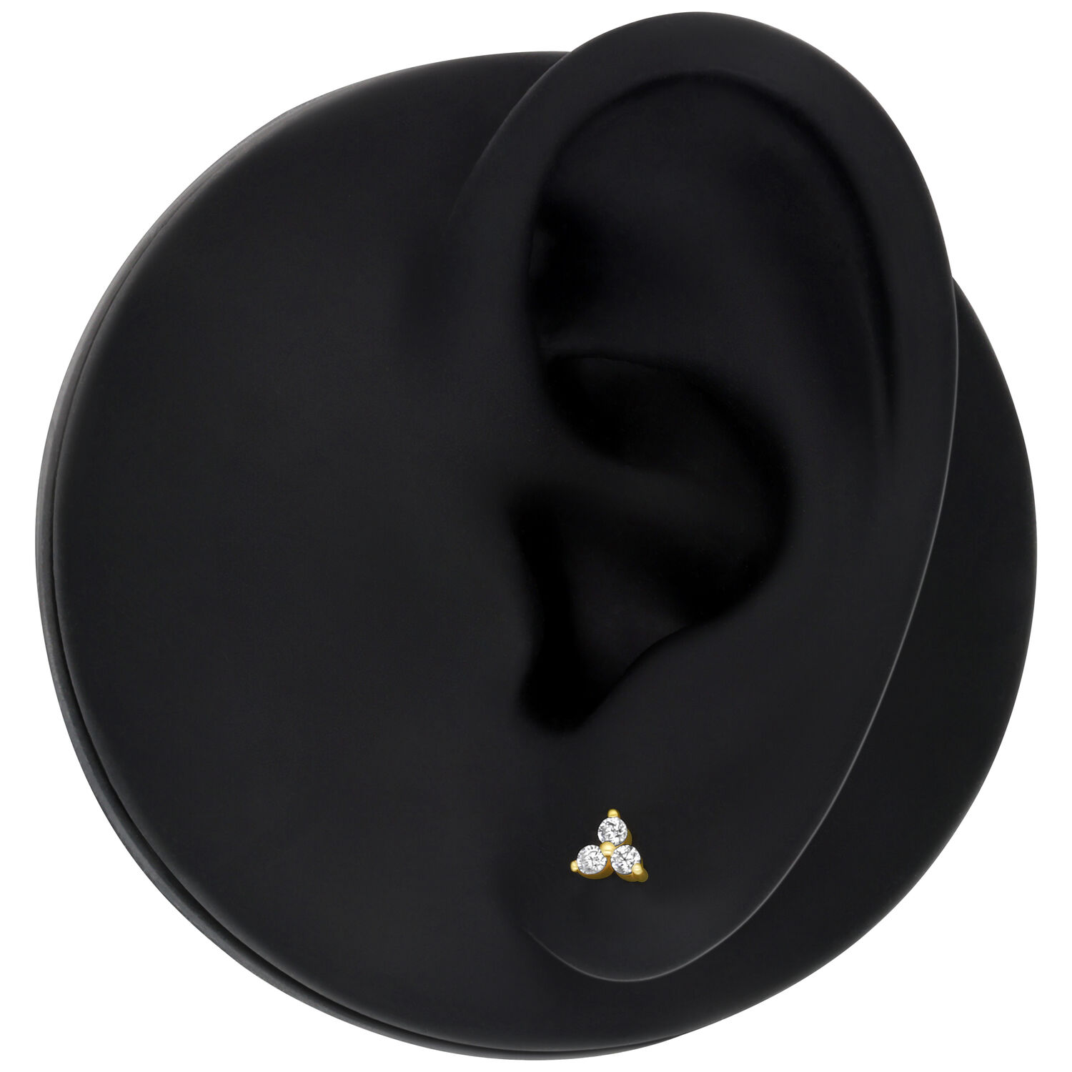 14K Gold Trinity Piercing Attachment Attacco Trinity per piercing in oro 14K con cristalli chiari su modello di orecchio nero