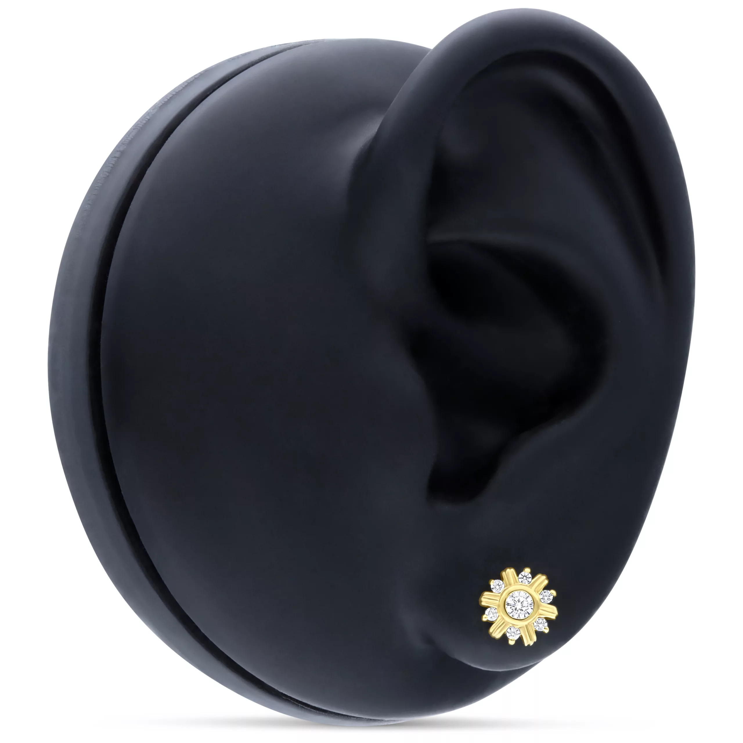 14K Gold Girasole con Cristallo Placcatura in oro a forma di girasole con cristallo chiaro su modello di orecchio nero