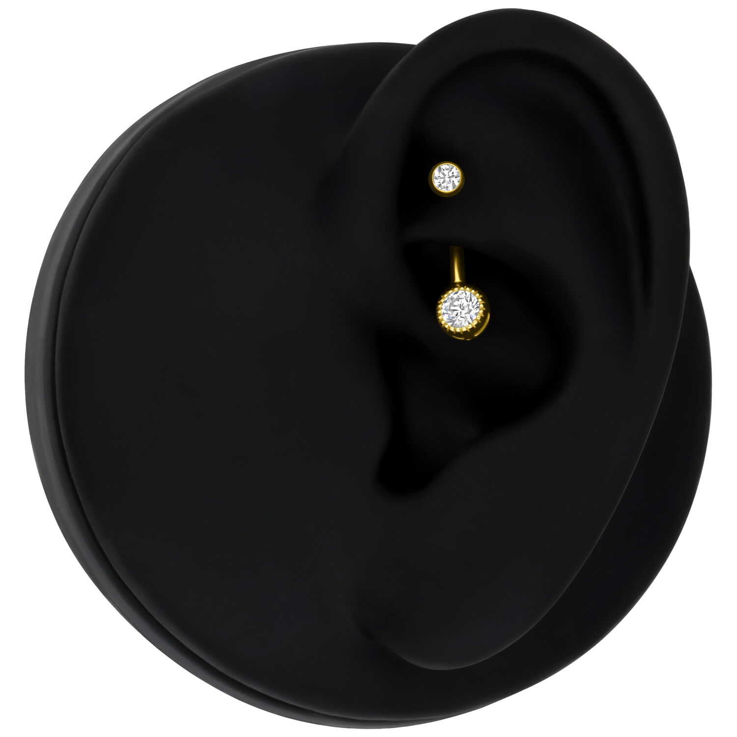 Microbananabell in oro 18K con cristallo Piercing dorato con cristallo chiaro su modello d'orecchio nero