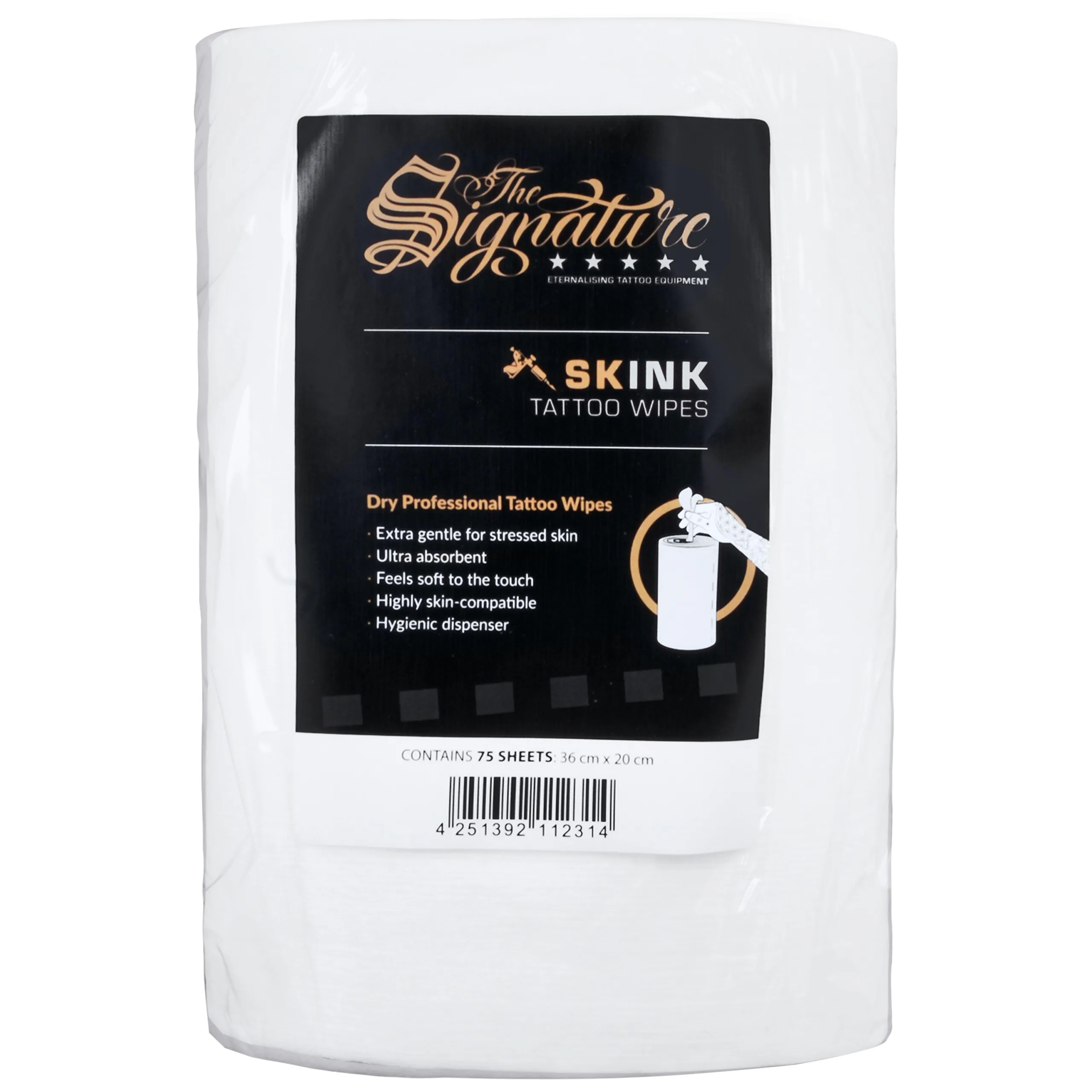 Rotolo di SKINK Tattoo Wipes bianco con etichetta su sfondo bianco