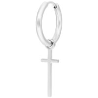 Orecchino in argento con ciondolo a croce su sfondo bianco