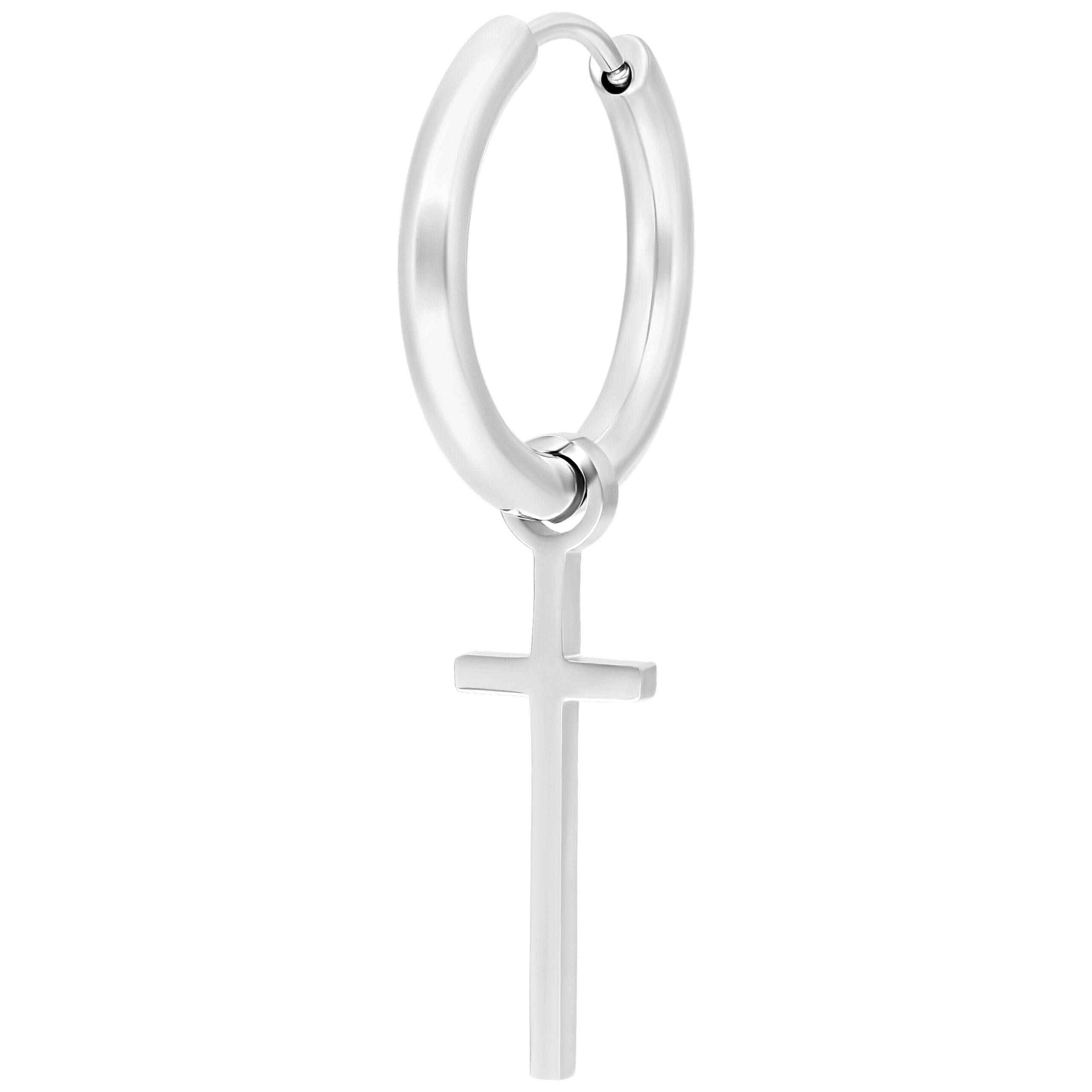 Orecchino in argento con ciondolo a croce su sfondo bianco